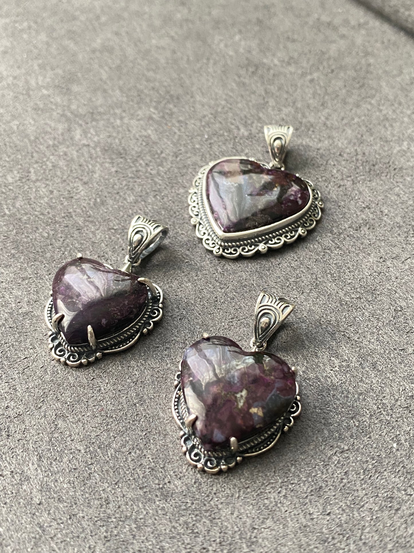 Natural High Rare Grade Purple Pink Sugilite Heart Shape  Mid-century Sterling Silver Pendant