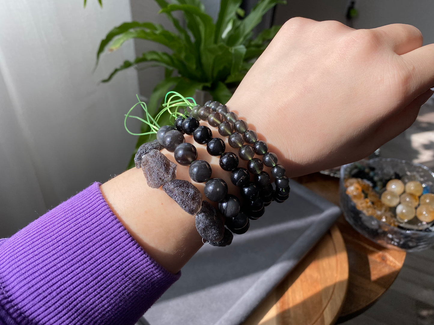 Natural Cintamani Saffordite Tektite Bracelet, wishing stone, Saffordite Tektites, Arizona Tektitest polished round bead bracelet